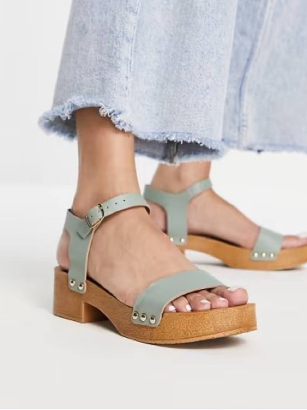 ASOs Women’s Sage Green Leather Platform clog Sandals with Ankle Strap